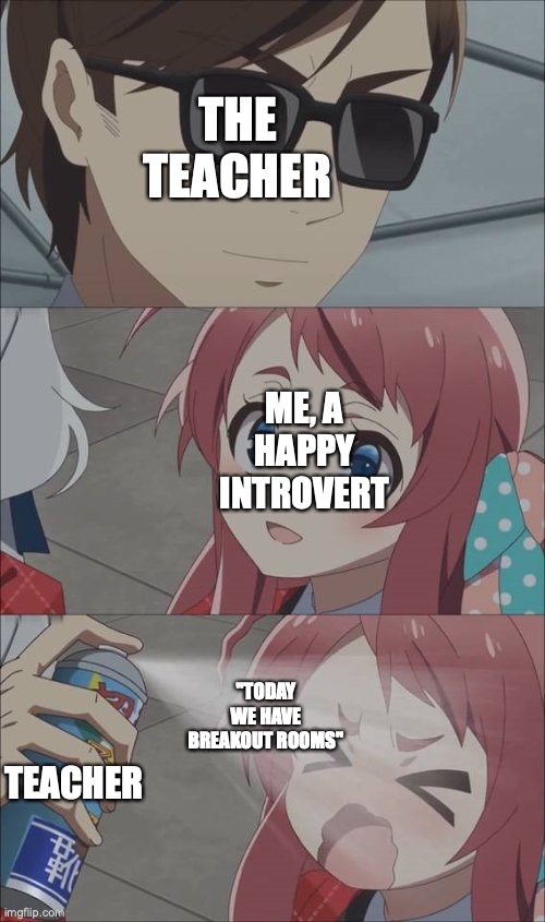 Lol | THE TEACHER; ME, A HAPPY INTROVERT; "TODAY WE HAVE BREAKOUT ROOMS"; TEACHER | image tagged in pepper spray girl anime,so true memes | made w/ Imgflip meme maker