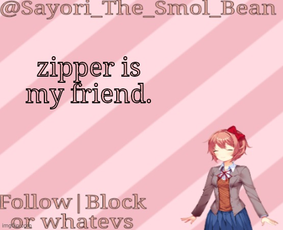 friend | zipper is my friend. | image tagged in zipper,sayori,friday night funkin,doki doki literature club | made w/ Imgflip meme maker