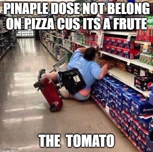 fat person falling over | PINAPLE DOSE NOT BELONG ON PIZZA CUS ITS A FRUTE; THE  TOMATO | image tagged in fat person falling over | made w/ Imgflip meme maker