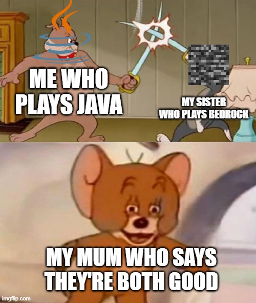 Java Vs. Bedrock Vs. My Mum | ME WHO PLAYS JAVA; MY SISTER WHO PLAYS BEDROCK; MY MUM WHO SAYS THEY'RE BOTH GOOD | image tagged in tom and jerry swordfight | made w/ Imgflip meme maker