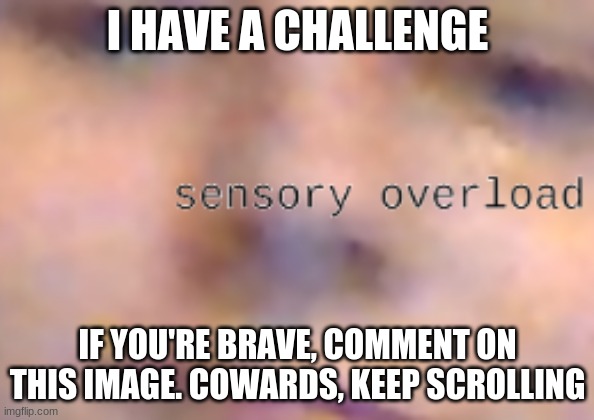 sensory overload | I HAVE A CHALLENGE; IF YOU'RE BRAVE, COMMENT ON THIS IMAGE. COWARDS, KEEP SCROLLING | image tagged in sensory overload | made w/ Imgflip meme maker