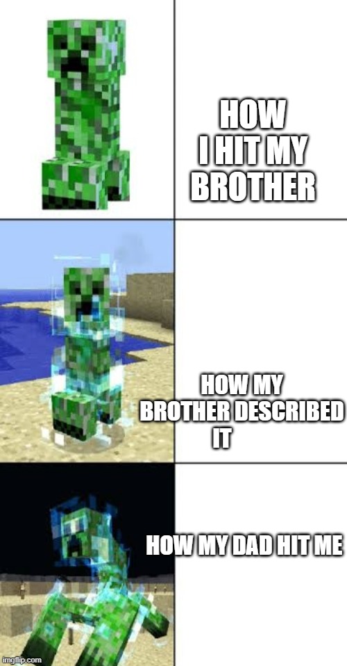 rip my butt | HOW I HIT MY BROTHER; HOW MY BROTHER DESCRIBED IT                                                    HOW MY DAD HIT ME | image tagged in minecraft creeper template | made w/ Imgflip meme maker
