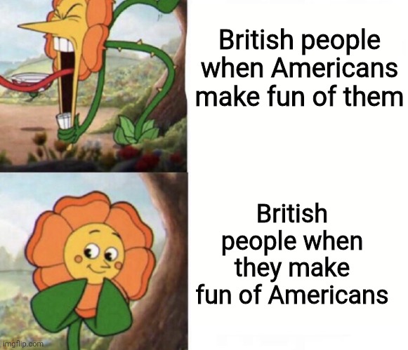 cagney carnation | British people when Americans make fun of them; British people when they make fun of Americans | image tagged in cagney carnation | made w/ Imgflip meme maker