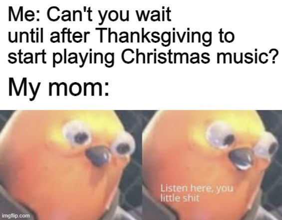 I can't take it anymore | Me: Can't you wait until after Thanksgiving to start playing Christmas music? My mom: | image tagged in listen here you little shit bird | made w/ Imgflip meme maker