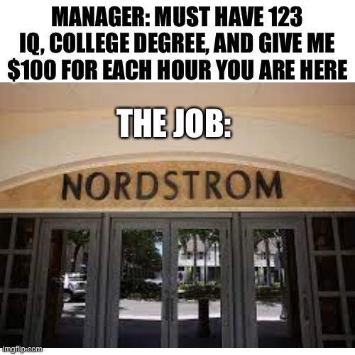 MANAGER: MUST HAVE 123 IQ, COLLEGE DEGREE, AND GIVE ME $100 FOR EACH HOUR YOU ARE HERE; THE JOB: | made w/ Imgflip meme maker