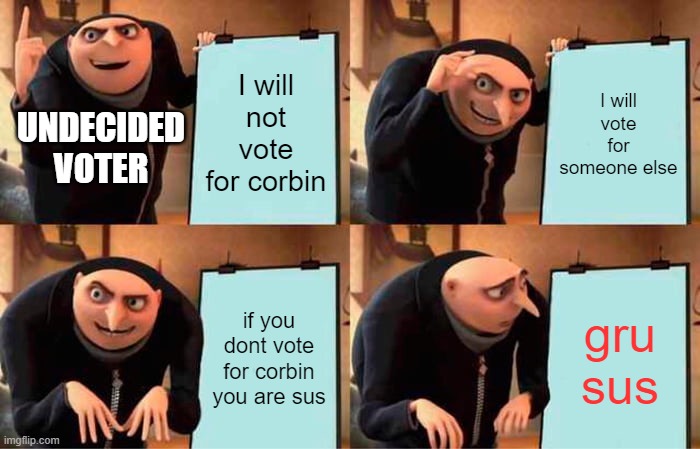 Gru's Plan | I will not vote for corbin; I will vote for someone else; UNDECIDED VOTER; if you dont vote for corbin you are sus; gru sus | image tagged in memes,gru's plan | made w/ Imgflip meme maker