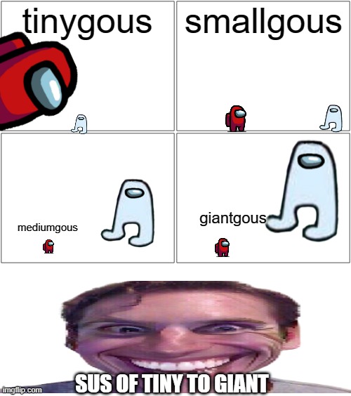 Tiny, small, medium, and  giant amogus | tinygous; smallgous; giantgous; mediumgous; SUS OF TINY TO GIANT | image tagged in memes,blank comic panel 2x2,sus,among us,when the imposter is sus | made w/ Imgflip meme maker