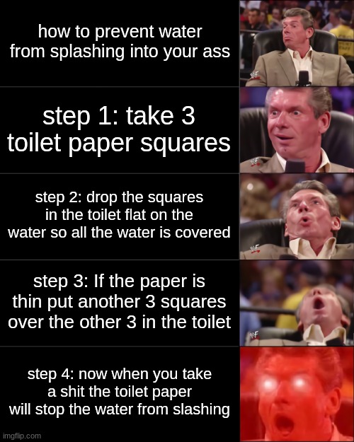 this life hack works everytime and i suggest you try it at least once even tho it sounds weird | how to prevent water from splashing into your ass; step 1: take 3 toilet paper squares; step 2: drop the squares in the toilet flat on the water so all the water is covered; step 3: If the paper is thin put another 3 squares over the other 3 in the toilet; step 4: now when you take a shit the toilet paper will stop the water from slashing | image tagged in vince mcmahon 5 tier dark | made w/ Imgflip meme maker