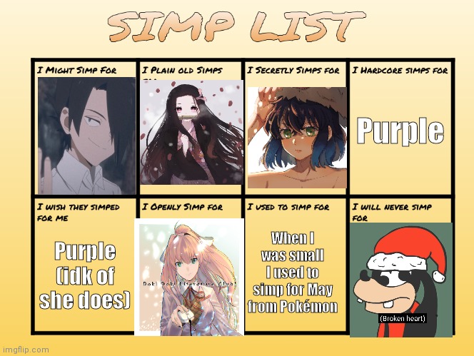 *if | Purple; When I was small I used to simp for May from Pokémon; Purple (idk of she does) | image tagged in simp list | made w/ Imgflip meme maker