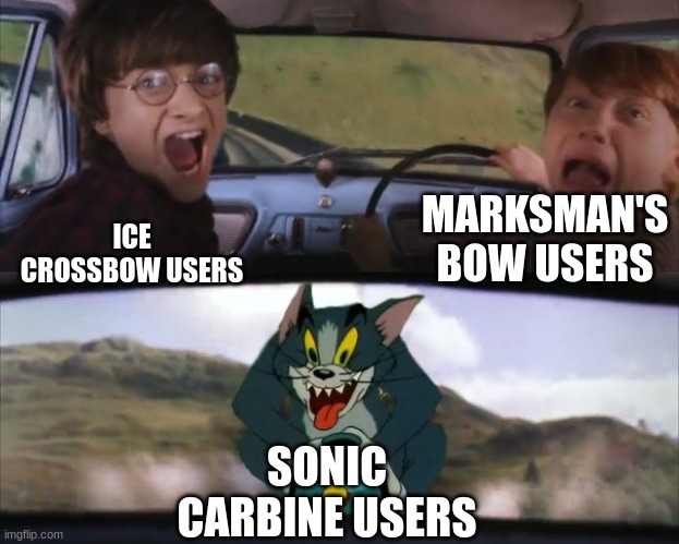 the crits on SC don't even do extra damage... | ICE CROSSBOW USERS; MARKSMAN'S BOW USERS; SONIC CARBINE USERS | image tagged in tom chasing harry and ron weasly | made w/ Imgflip meme maker