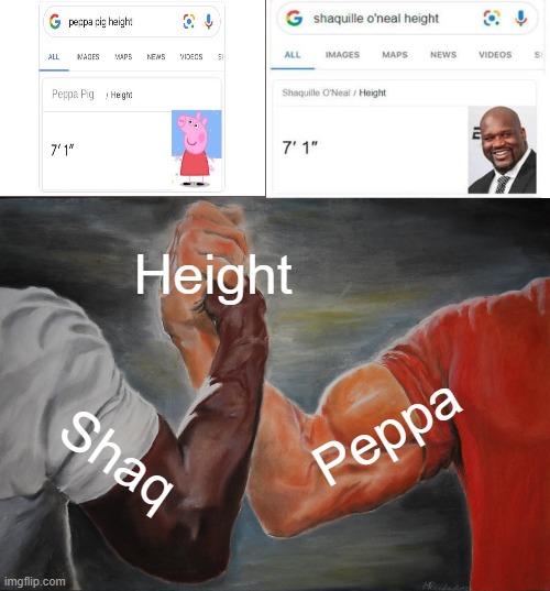 Epic Handshake | Height; Peppa; Shaq | image tagged in memes,epic handshake | made w/ Imgflip meme maker