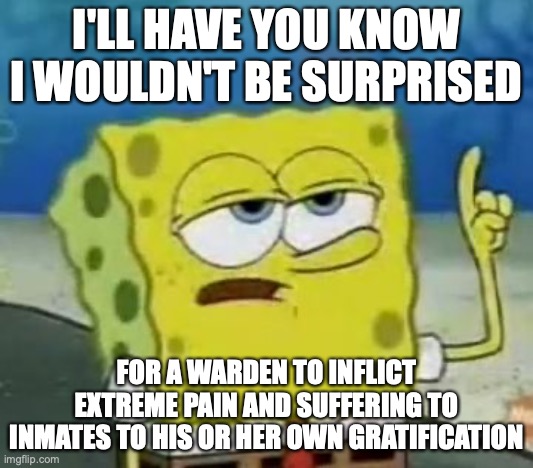 Immoral Warden | I'LL HAVE YOU KNOW I WOULDN'T BE SURPRISED; FOR A WARDEN TO INFLICT EXTREME PAIN AND SUFFERING TO INMATES TO HIS OR HER OWN GRATIFICATION | image tagged in memes,i'll have you know spongebob,abuse | made w/ Imgflip meme maker
