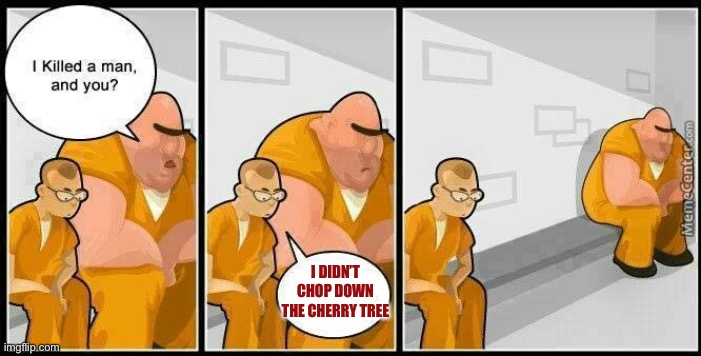 prisoners blank | I DIDN’T CHOP DOWN THE CHERRY TREE | image tagged in prisoners blank | made w/ Imgflip meme maker