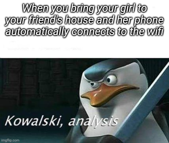 kowalski, analysis | When you bring your girl to your friend's house and her phone automatically connects to the wifi | image tagged in kowalski analysis | made w/ Imgflip meme maker