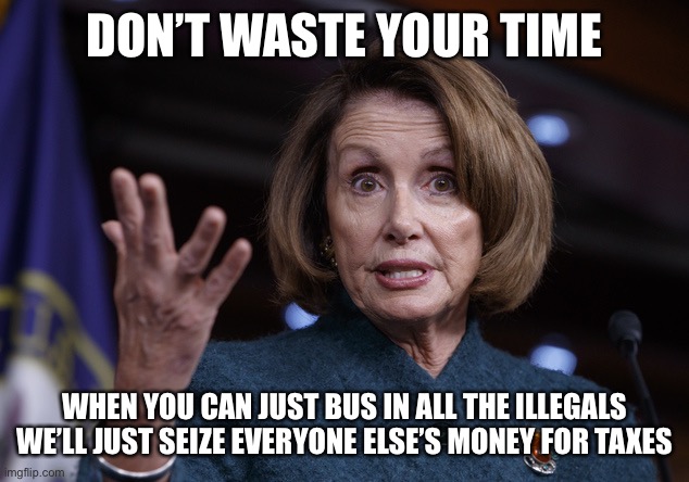 Good old Nancy Pelosi | DON’T WASTE YOUR TIME WHEN YOU CAN JUST BUS IN ALL THE ILLEGALS WE’LL JUST SEIZE EVERYONE ELSE’S MONEY FOR TAXES | image tagged in good old nancy pelosi | made w/ Imgflip meme maker