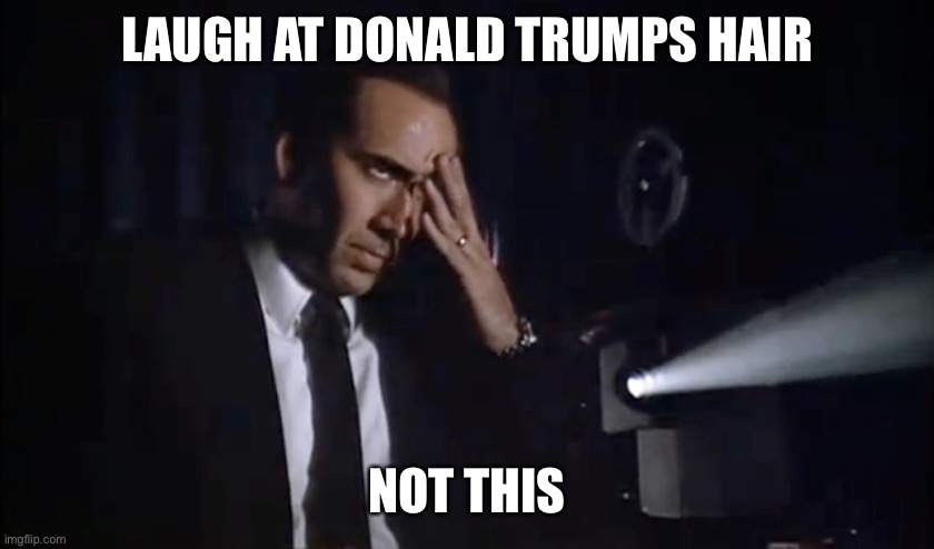 Bad Porn Nicholas Cage | LAUGH AT DONALD TRUMPS HAIR NOT THIS | image tagged in bad porn nicholas cage | made w/ Imgflip meme maker