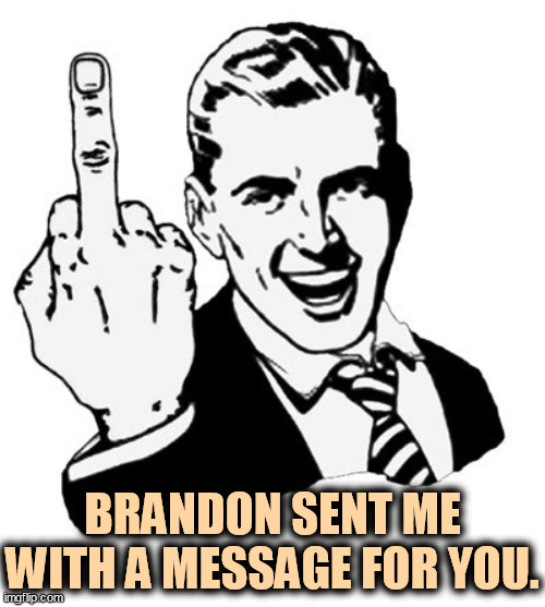 A message for Donnie. | BRANDON SENT ME WITH A MESSAGE FOR YOU. | image tagged in memes,1950s middle finger,trump,middle finger | made w/ Imgflip meme maker