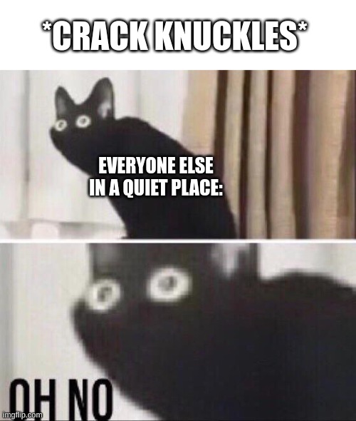 rip quiet place ppl | *CRACK KNUCKLES*; EVERYONE ELSE IN A QUIET PLACE: | image tagged in oh no cat,a quiet place,memes | made w/ Imgflip meme maker