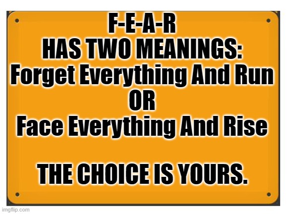 F-E-A-R | F-E-A-R
HAS TWO MEANINGS:
Forget Everything And Run

OR

Face Everything And Rise; THE CHOICE IS YOURS. | image tagged in blank sign,fear,choice | made w/ Imgflip meme maker