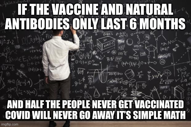Math | IF THE VACCINE AND NATURAL ANTIBODIES ONLY LAST 6 MONTHS AND HALF THE PEOPLE NEVER GET VACCINATED COVID WILL NEVER GO AWAY IT’S SIMPLE MATH | image tagged in math | made w/ Imgflip meme maker