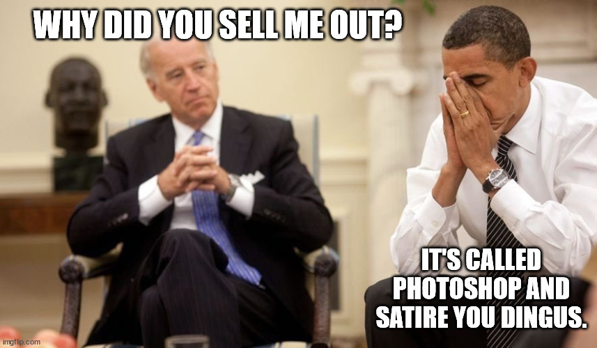 Biden Obama | WHY DID YOU SELL ME OUT? IT'S CALLED PHOTOSHOP AND SATIRE YOU DINGUS. | image tagged in biden obama | made w/ Imgflip meme maker