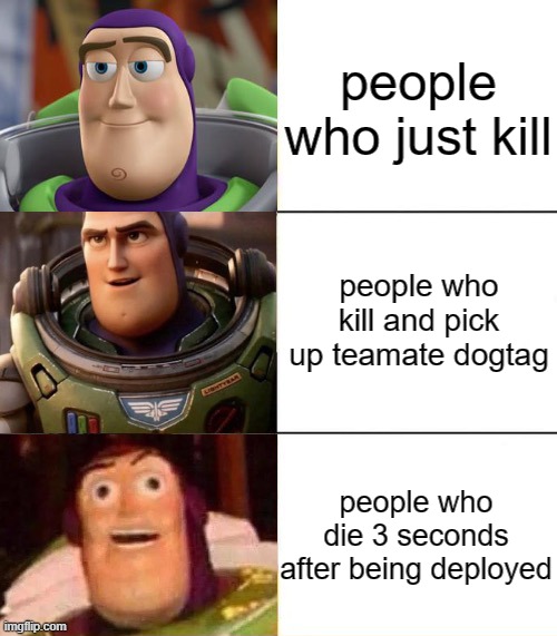 Call of Duty meme | people who just kill; people who kill and pick up teamate dogtag; people who die 3 seconds after being deployed | image tagged in better best blurst lightyear edition | made w/ Imgflip meme maker