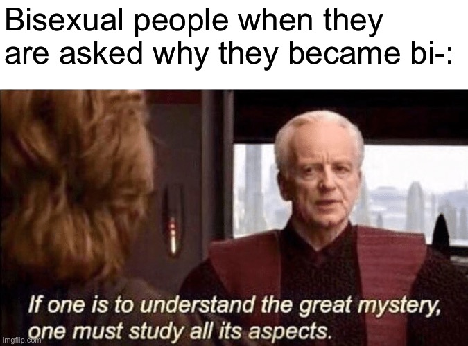 Am I wrong though? Please can anyone confirm this? | Bisexual people when they are asked why they became bi-: | image tagged in if one is to understand the great mystery | made w/ Imgflip meme maker