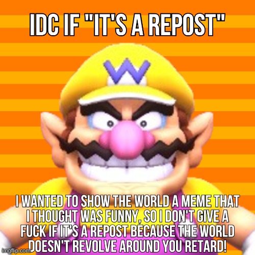 Idc if it's a repost Wario | image tagged in idc if it's a repost wario | made w/ Imgflip meme maker