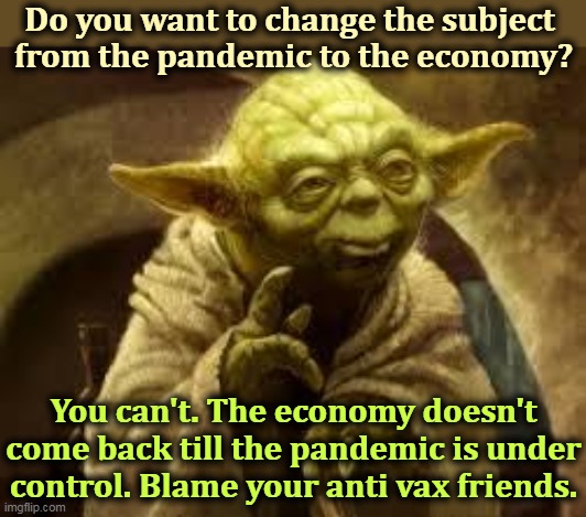 The biggest enemy of American prosperity is the anti-vaxxers. | Do you want to change the subject 
from the pandemic to the economy? You can't. The economy doesn't come back till the pandemic is under control. Blame your anti vax friends. | image tagged in yoda,anti vax,kills,recovery | made w/ Imgflip meme maker