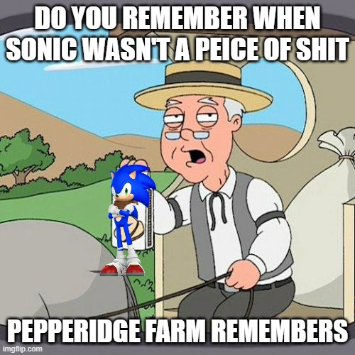 Pepperidge Farm Remembers Meme | DO YOU REMEMBER WHEN SONIC WASN'T A PEICE OF SHIT; PEPPERIDGE FARM REMEMBERS | image tagged in memes,pepperidge farm remembers | made w/ Imgflip meme maker