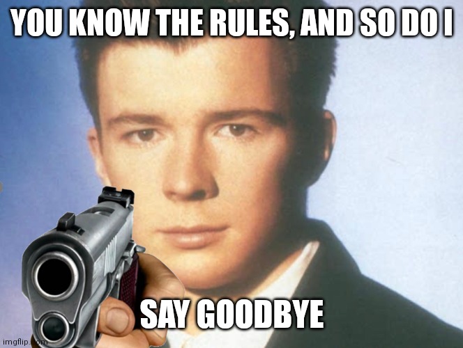 You know the rules and so do I. SAY GOODBYE. | YOU KNOW THE RULES, AND SO DO I SAY GOODBYE | image tagged in you know the rules and so do i say goodbye | made w/ Imgflip meme maker