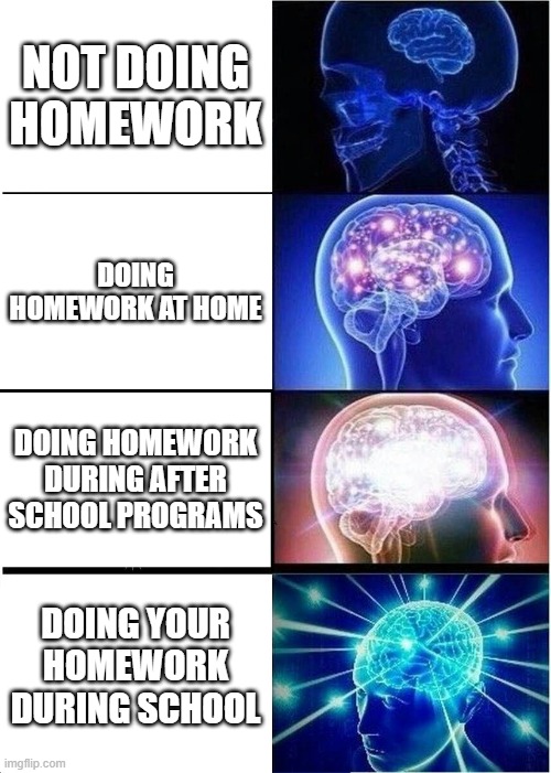 homework | NOT DOING HOMEWORK; DOING HOMEWORK AT HOME; DOING HOMEWORK DURING AFTER SCHOOL PROGRAMS; DOING YOUR HOMEWORK DURING SCHOOL | image tagged in memes,expanding brain | made w/ Imgflip meme maker