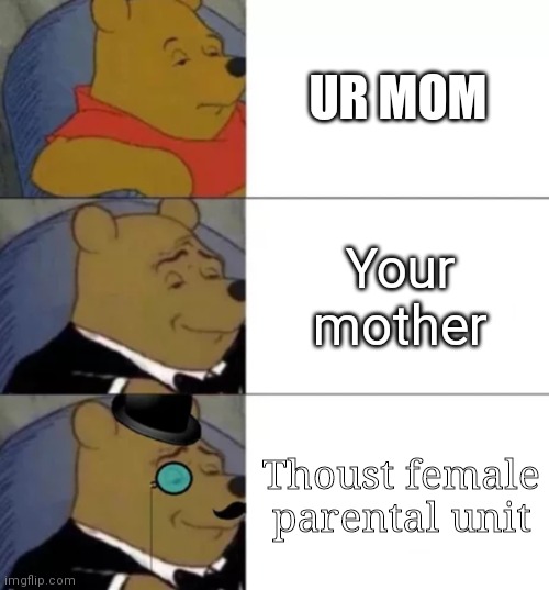What would you say? | UR MOM; Your mother; Thoust female parental unit | image tagged in fancy pooh,your mom,ur mom | made w/ Imgflip meme maker