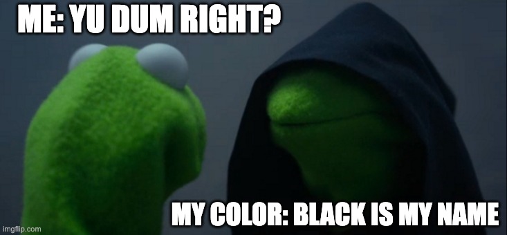 dummy | ME: YU DUM RIGHT? MY COLOR: BLACK IS MY NAME | image tagged in memes,evil kermit | made w/ Imgflip meme maker