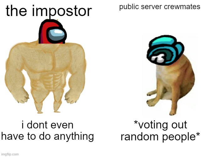 sussy impostor among us | the impostor; public server crewmates; i dont even have to do anything; *voting out random people* | image tagged in memes,buff doge vs cheems | made w/ Imgflip meme maker