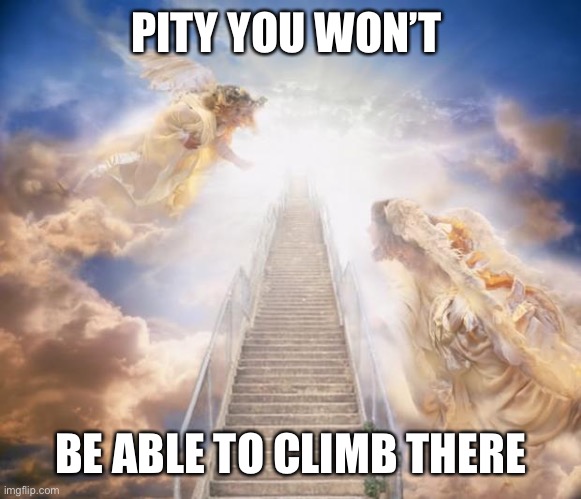 stairs to heaven | PITY YOU WON’T; BE ABLE TO CLIMB THERE | image tagged in stairs to heaven | made w/ Imgflip meme maker