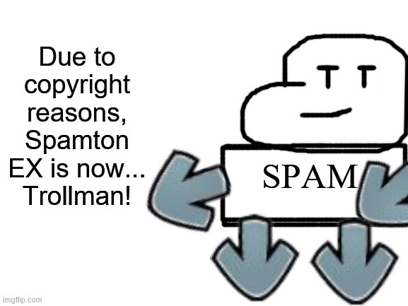 Trolololololololol | Due to copyright reasons, Spamton EX is now... Trollman! SPAM | image tagged in blank white template,millard,millard series | made w/ Imgflip meme maker