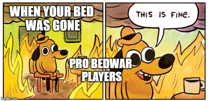 This Is Fine | WHEN YOUR BED 
WAS GONE; PRO BEDWAR 
PLAYERS | image tagged in memes,this is fine | made w/ Imgflip meme maker