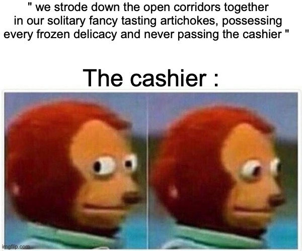 Monkey Puppet | " we strode down the open corridors together in our solitary fancy tasting artichokes, possessing every frozen delicacy and never passing the cashier "; The cashier : | image tagged in memes,monkey puppet | made w/ Imgflip meme maker