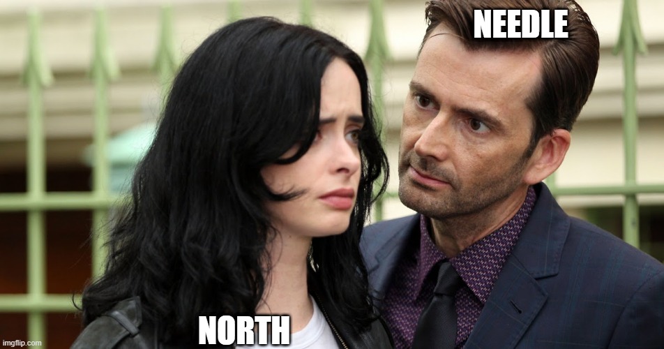 Basic physics | NEEDLE; NORTH | image tagged in jessica jones death stare | made w/ Imgflip meme maker
