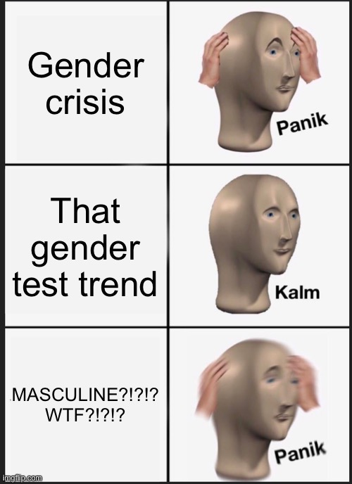I DONT EVEN KNOW ANYMORE HOW AM I 90% MASC 80% FEM | Gender crisis; That gender test trend; MASCULINE?!?!? WTF?!?!? | image tagged in memes,panik kalm panik | made w/ Imgflip meme maker