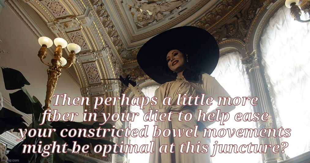 Lady Dimitrescu  by Sazura  AKA Aleksandra Karpova | Then perhaps a little more fiber in your diet to help ease your constricted bowel movements might be optimal at this juncture? | made w/ Imgflip meme maker