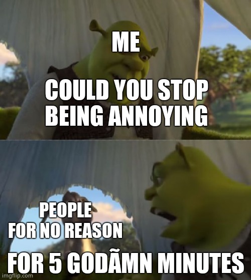 Could you not ___ for 5 MINUTES | ME; COULD YOU STOP BEING ANNOYING; PEOPLE FOR NO REASON; FOR 5 GODÃMN MINUTES | image tagged in could you not ___ for 5 minutes | made w/ Imgflip meme maker