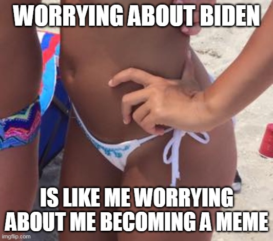 WORRYING ABOUT BIDEN IS LIKE ME WORRYING ABOUT ME BECOMING A MEME | image tagged in girl in tiny bikini | made w/ Imgflip meme maker