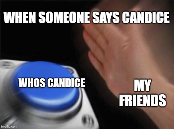Candice | WHEN SOMEONE SAYS CANDICE; MY FRIENDS; WHOS CANDICE | image tagged in memes,blank nut button | made w/ Imgflip meme maker