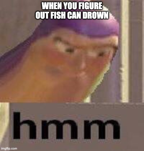 When you figure out fish can drown | WHEN YOU FIGURE OUT FISH CAN DROWN | image tagged in buzz lightyear hmm | made w/ Imgflip meme maker