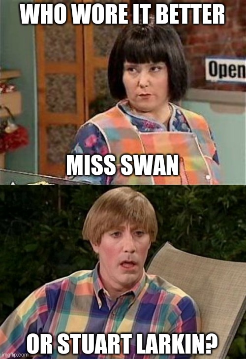 Who Wore It Better Wednesday #80 - Rainbow plaid | WHO WORE IT BETTER; MISS SWAN; OR STUART LARKIN? | image tagged in memes,who wore it better,mad tv,fox,comedy,tv shows | made w/ Imgflip meme maker