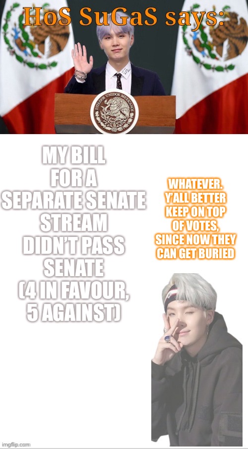 Sugas HOS temp | MY BILL FOR A SEPARATE SENATE STREAM DIDN’T PASS SENATE (4 IN FAVOUR, 5 AGAINST); WHATEVER. Y’ALL BETTER KEEP ON TOP OF VOTES, SINCE NOW THEY CAN GET BURIED | image tagged in sugas hos temp | made w/ Imgflip meme maker