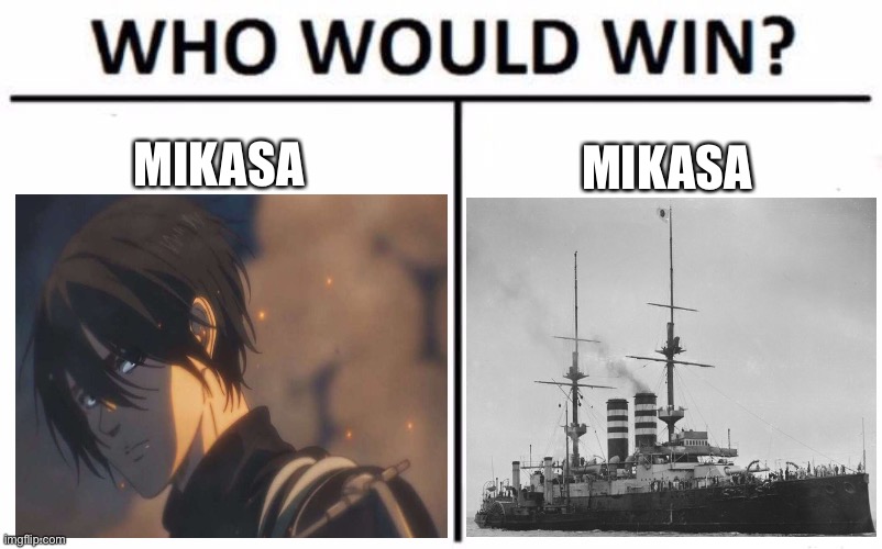 I think mikasa can beat mikasa who do you think | MIKASA; MIKASA | image tagged in memes,who would win | made w/ Imgflip meme maker
