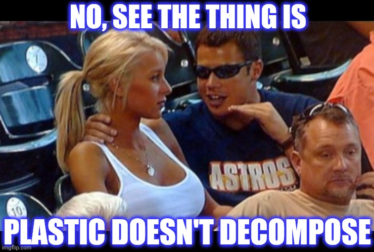 Bro explaining | NO, SEE THE THING IS PLASTIC DOESN'T DECOMPOSE | image tagged in bro explaining | made w/ Imgflip meme maker